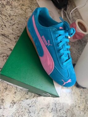 Puma Teal Blue Suede Sneaker with Pink Stripe